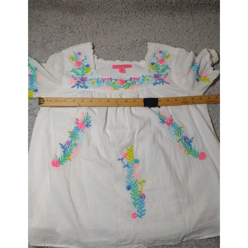 Lilly Pulitzer White Cotton Embroidered Peasant Top - Neon Floral Accents